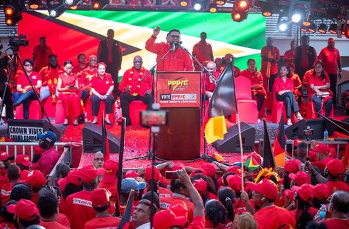 Before supporters dressed in the PPP/C’s signature fiery red, President Dr. Irfaan Ali on Sunday outlined plans for Guyana’s future at the launching of the party’s elections campaign (Delano Williams photo)