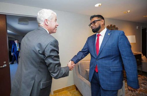 President, Dr. Irfaan Ali, on Tuesday, met with newly appointed US Secretary of Energy, Chris Wright, on the sidelines of CERAWeek in Houston, Texas (Office of the President photos)