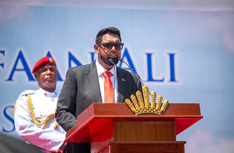 Dr Irfaan Ali, Guyana’s Ninth Executive President, during his inaugural address after taking the oath of office on Sunday (Delano Williams photo)