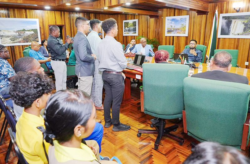 President Dr Irfaan Ali and several ministers were updated on a new educational learning application being developed by Svenmedia.gy, comprising students from Region Six, during a Cabinet session at the Office of the President, on Thursday (Office of the President photos)