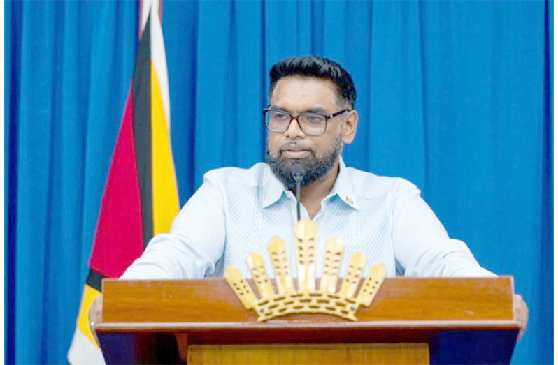 President Dr. Mohamed Irfaan Ali engaged reporters at a press conference held at the Office of the President on Monday