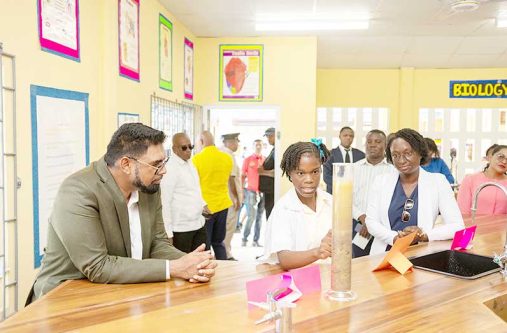FLASHBACK: President Irfaan Ali interacts with students and teachers at the Yarrowkabra Secondary School