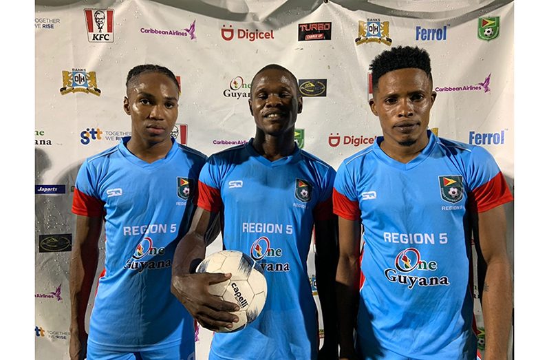 From left: Marc Galloway, Abumchi Benjamin and Delroy Fraser scored the six goals for Region Five