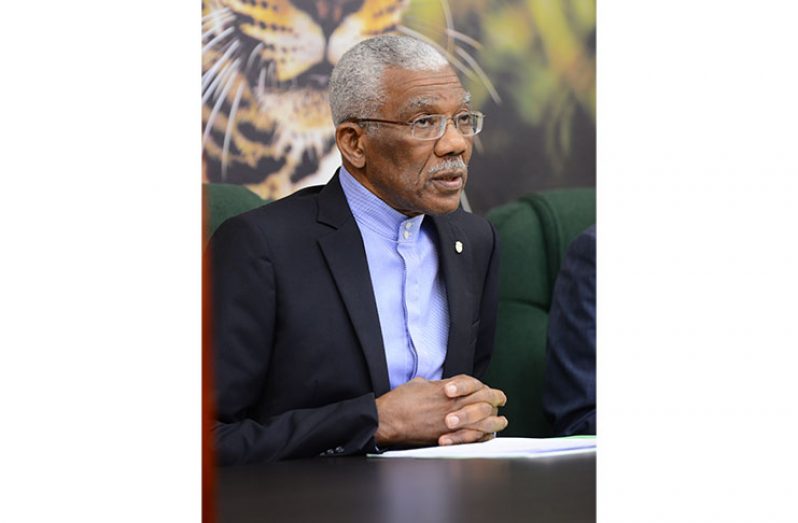 President David Granger addressing journalists at the Ministry of the Presidency on Thursday. 
Photo by Samuel Maughn