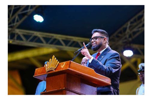 President, Dr Irfaan Ali giving his feature address on the eve of the country’s 59th independence anniversary