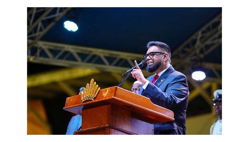 President, Dr Irfaan Ali giving his feature address on the eve of the country’s 59th independence anniversary