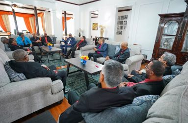 President Irfaan Ali and members of the Guyana Cricket Board (GCB) during the meeting on Monday at State House.