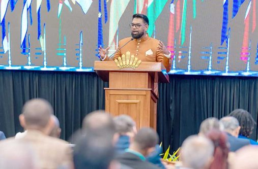 President Dr Mohamed Irfaan Ali delivers the feature address at the opening ceremony of the Caribbean Shipping Association’s 56th Annual General Meeting, Conference and Exhibition (Delano Williams photos)