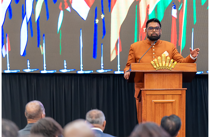 President Dr Irfaan Ali delivering keynote remarks during the opening ceremony of the Caribbean Shipping Association’s 56th Annual General Meeting (AGM), Conference and Exhibition at the Guyana Marriott Hotel, on Monday
