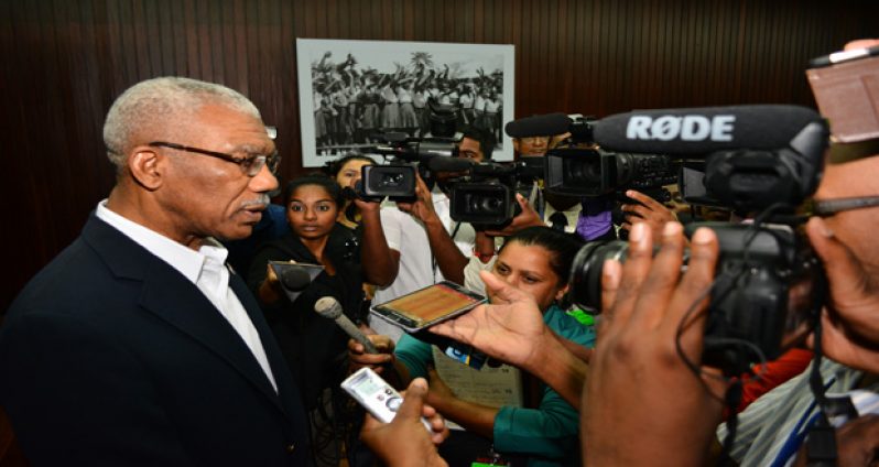 President David Granger explaining to the media the role of joint collaboration between the various security forces