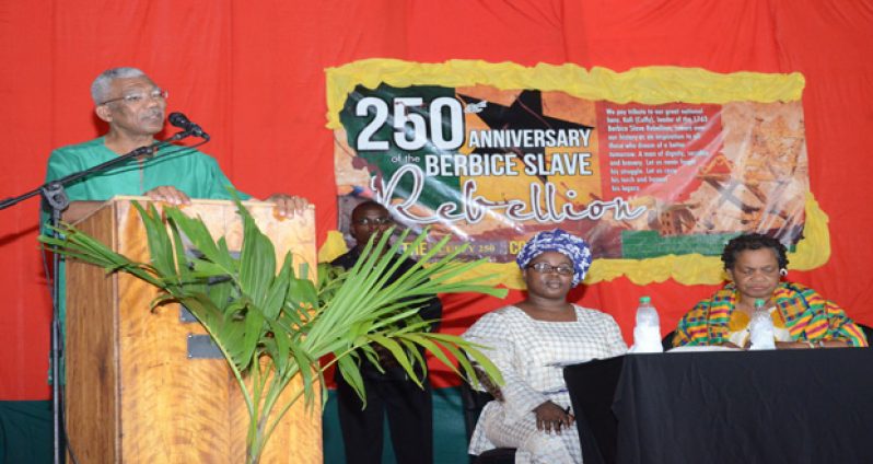 President David Granger addressing the gathering at the Critchlow Labour College yesterday