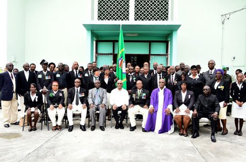 President Granger with members of the Guyana Veterans' Legion (GVL) after the service. Seated on either side of him are Chief of Staff of the Guyana Defence Force (GDF), Brigadier Patrick West (immediate left); GVL President, Lieutenant Colonel (ret'd), George Gomes (right); and Reverend Randolph Reynolds (Chaplain of the GVL). To the far right, sits former Chief of Staff, Brigadier George Lewis