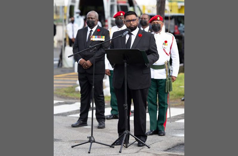 President, Dr. Mohamed Irfaan Ali addressing attendees at the memorial service for Guyana’s fallen heroes (DPI photo)