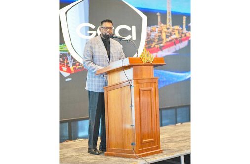 President Dr. Irfaan Ali during Thursday’s breakfast brief (Office of the President photo)