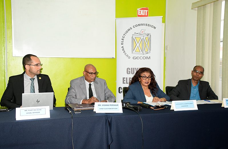 From left to right: GECOM’s Legal Officer, Kurt Da Silva; CEO Vishnu Persaud; Chairperson, retired judge, Justice Claudette Singh; and Deputy CEO, Aneal Giddings (Adrian Narine Photo)