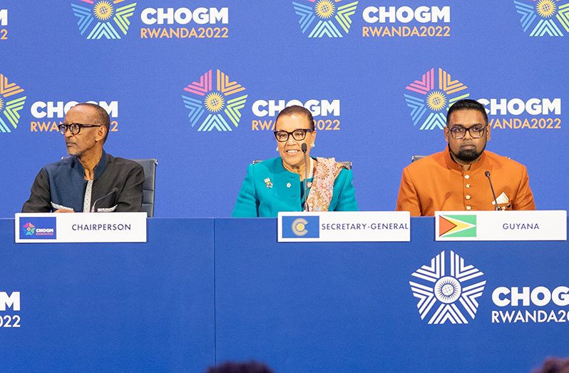 (From right) President, Dr Irfaan Ali, Secretary-General Patricia Scotland and Rwandan President and new chair of the Commonwealth, Paul Kagame