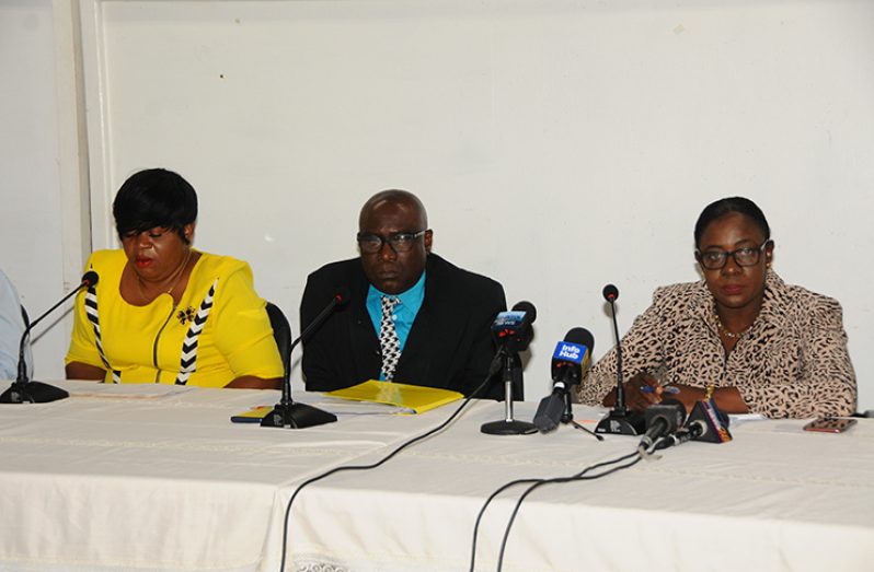From left- senior official of the MOE, Marcia Paddy; CEO, Marcel Hutson; and Education Minister Nicolette Henry at a recent press conference (Adrian Narine photo)