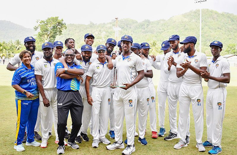 Barbados Pride celebrate their capture of the regional first class title. (Photo courtesy CWI)