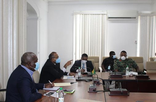 Prime Minister, Mark Phillips along with Health Minister, Dr. Frank Anthony and Local Government Minister, Nigel Dharamlall during the COVID-19 Task Force meeting on Monday (DPI photo)