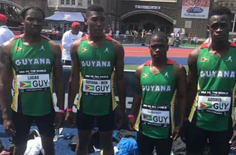 Laurindo Prince (second from left) along with Earl Lucas, Tevin Garraway and Owen Adonis at the Penn Relays earlier this year, where they clocked a national record in the sprint medley relay