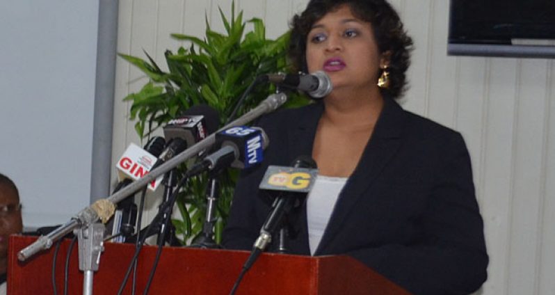 Education Minister, Ms  Priya Manickchand delivering her remarks