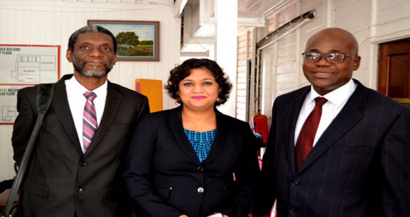 Registrar of CXC, Glenroy Cumberbatch; Minister of Education, Hon. Priya Manickchand; and Chief Education Officer, Olato Sam, shortly after they  announced the sitting of CXC/CAPE on June 15 and 16 and answered questions from the press.