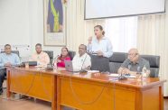 Local Government and Regional Development Minister, Priya Manickchand, flanked by Minister within the Ministry of Local Government and Regional Development, Pauline Sukhai, Director General Anand Persaud, Permanent Secretary, Mr. Miguel Choo Kang and Deputy Permanent Secretary (Administration) speaks to key regional leaders