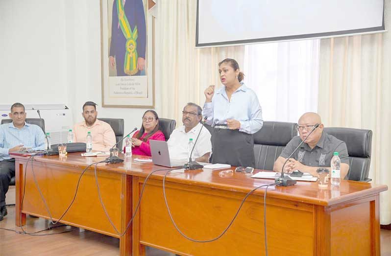 Local Government and Regional Development Minister, Priya Manickchand, flanked by Minister within the Ministry of Local Government and Regional Development, Pauline Sukhai, Director General Anand Persaud, Permanent Secretary, Mr. Miguel Choo Kang and Deputy Permanent Secretary (Administration) speaks to key regional leaders