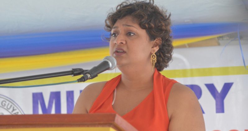 Minister Priya Manickchand speaking at launch of the Education Ministry’s five-year literacy strategic plan at Main Street, Georgetown