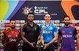 From left: Nicholas Pooran (Trinbago Knight Riders), Romario Shepherd (Guyana Amazon Warriors), David Weise (St. Lucia Kings) and Imad Wasim (Antigua and Barbuda Falcons) with the prized trophy ahead of the playoffs in the 2025 Republic Bank Caribbean Premier League