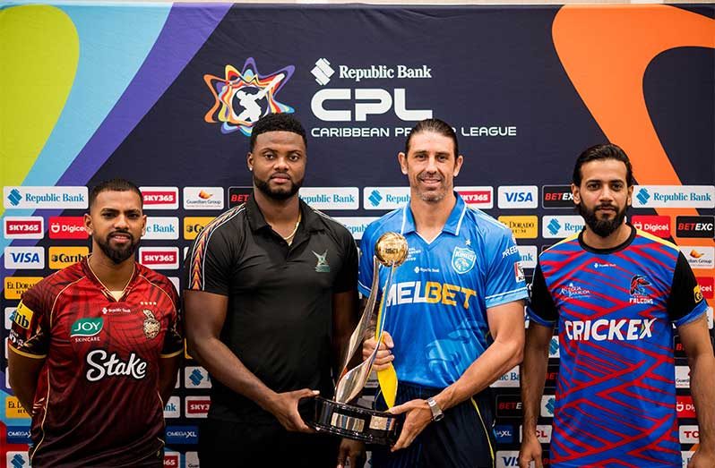 From left: Nicholas Pooran (Trinbago Knight Riders), Romario Shepherd (Guyana Amazon Warriors), David Weise (St. Lucia Kings) and Imad Wasim (Antigua and Barbuda Falcons) with the prized trophy ahead of the playoffs in the 2025 Republic Bank Caribbean Premier League