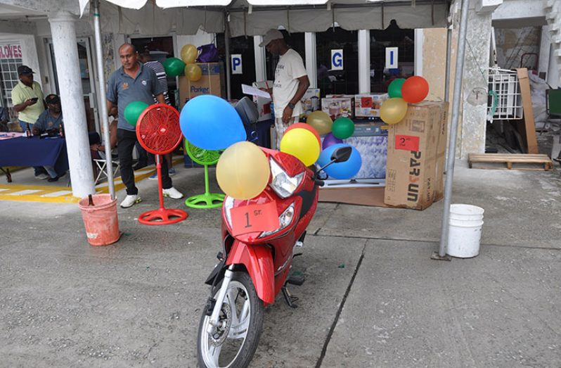 The GuyanaNRA fund raising raffle prizes on display yesterday.