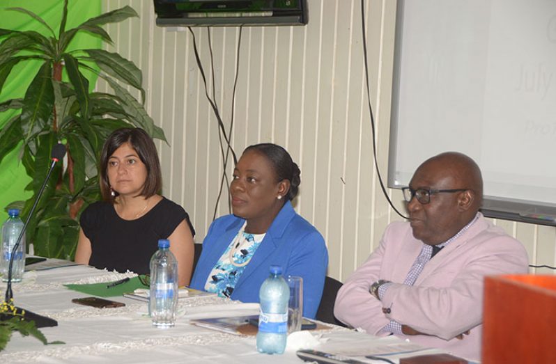 At the head table at the launch of ProFuturo Project Guyana were (from left) ProFuturo Representative, Maria Lobo; Minister of Education, Dr. Nicolette Henry; and Chief Education Officer, Dr. Marcel Hutson (Adrian Narine photo)