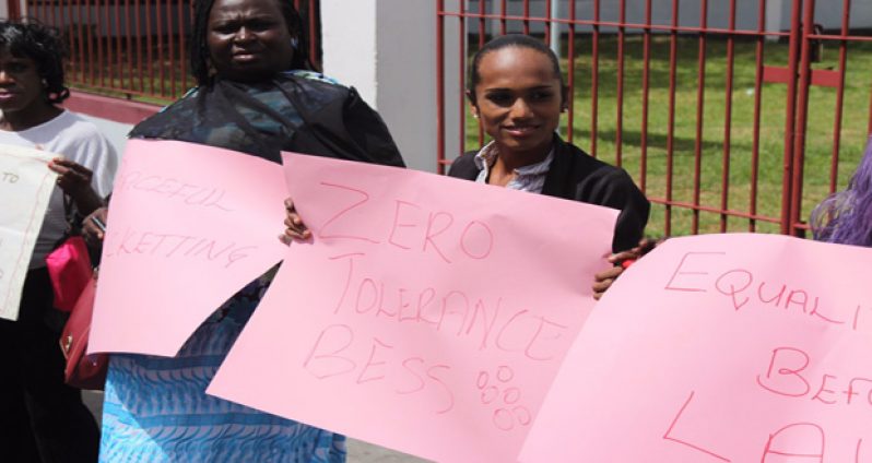 Twinkle (right) on the protest line Monday.