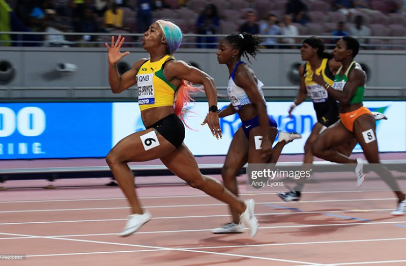 Shelly-Ann Fraser-Pryce of Jamaica competes in the Women's 100 Metres final during day three of the 17th IAAF World Athletics Championships Doha 2019 at Khalifa International Stadium on September 29, 2019 in Doha, Qatar. (Photo by Andy Lyons/Getty Images for IAAF)