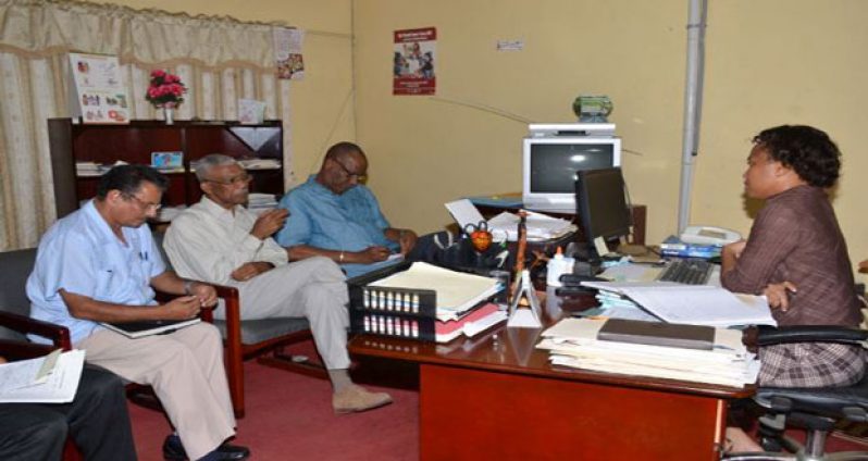 Locked in talks are, from left: Permanent Secretary in the Public Service Ministry, Mr. Hydar Ally; President David Granger; Minister of State, Mr. Joseph Harmon; and Ms. Soyinka Grogan, Manager of the Public Service Ministry’s Scholarship Division 