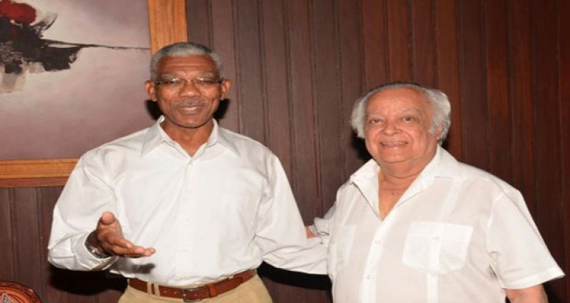 President David Granger and Sir Shridath Ramphal sharing a light moment