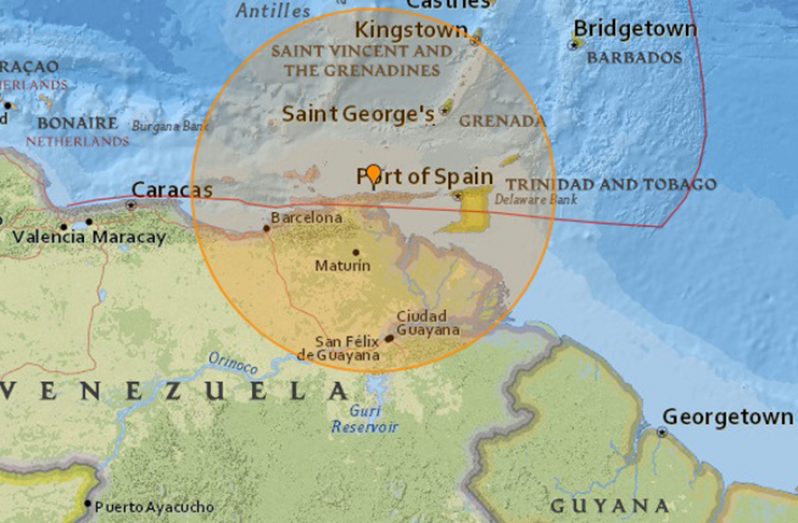 A data map indicating the epicenter of the earthquake felt off the coast of Venezuela on Tuesday afternoon. (Source : Earthquaketrack.com)