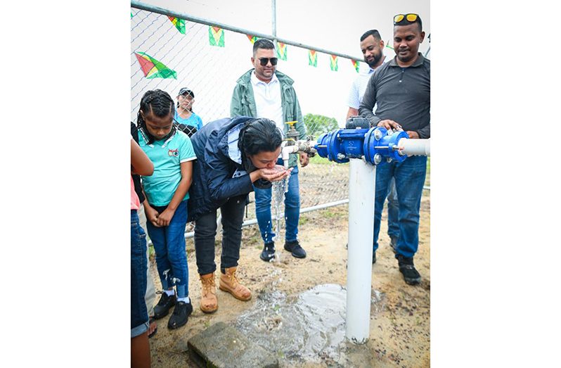 Susan Rodrigues, Minister within the Ministry of Housing and Water, enjoys water from the Quarrie Water Supply System