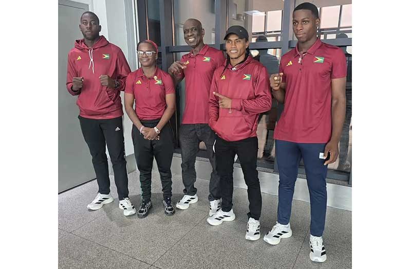 Guyana’s boxing team for the South American Games (L-R): Emmanuel Pompey, Akeelah Vancooten, Lennox Daniels (coach), Kevin Allicock and Shakquain James