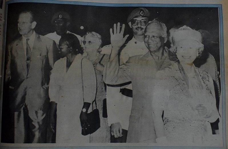 The Queen, Guyana’s President Cheddi Jagan, The Duke of Edinburgh, First Lady Janet Jagan and a party of officials during the Royals’ visit to Guyana in February 1994 (Guyana Chronicle photo)