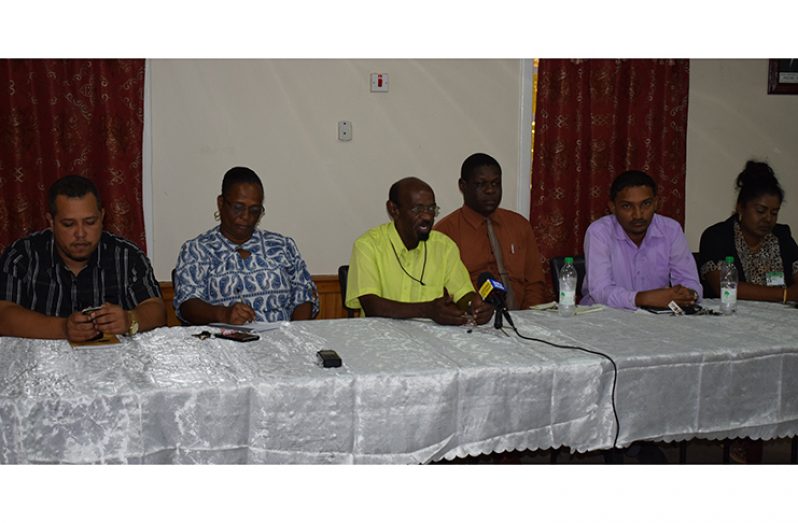 Regional Executive Officer Mr. Ovid Morrison (centre) and other members of the Regional Organising Committee for its RACE in September at the announcement earlier this week