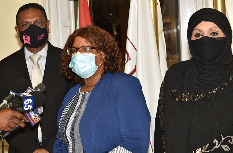 From left: Speaker of the National Assembly, Manzoor Nadir; RCC Deputy Chairperson, Rosemary Benjamin-Noble and RCC Chairperson, Aleema Nasir at the handing over of the 2017 and 2018 RCC reports (Elvin Croker photo)