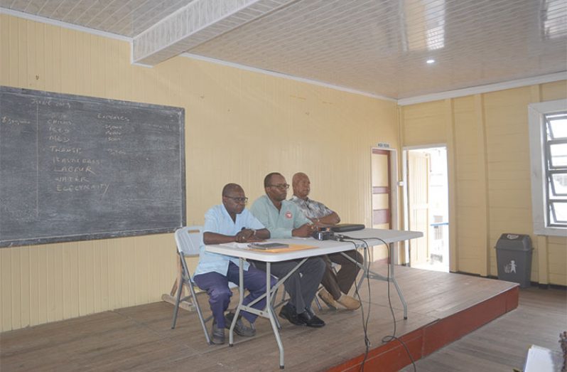 From right to left: David Wallace, executive member of GTC/GT&T Pensioners Association; President of the Guyana Postal and Telecommunication Workers’ Union, Harold Shepherd; and retiree Lennox Skeete at the press briefing in June