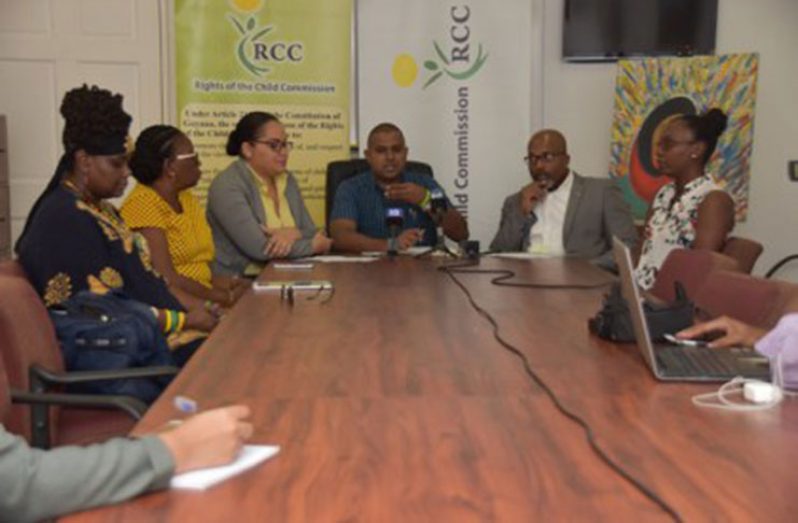 (From left) Nicole Cole, Commissioner of Women & Gender Equality; Colleen Anthony, Commissioner; Suelle Williams, Commissioner-RCC; Amar Panday, CEO, RCC; Andre Gonsalves, Investigation Officer, RCC; Kean Chase, Programme Manager, NGO ChildLink Guyana at the RCC press conference.