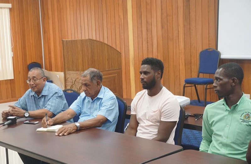 From left, GRFU president Peter Green, manager John Lewis, coach Claudius Butts and captain Jamal Angus addressing the media at the Guyana Olympic Association (GOA) Conference Room.