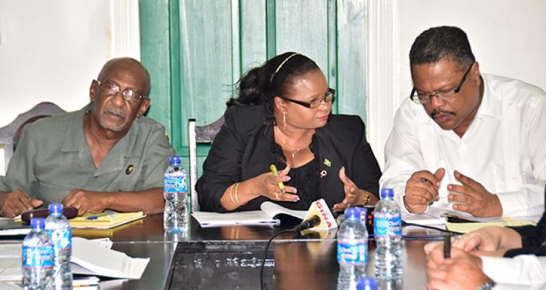 Social Protection Minister Volda Lawrence engages the Chief Labour Officer Charles Ogle during the meeting in the presence of Minister Keith Scott