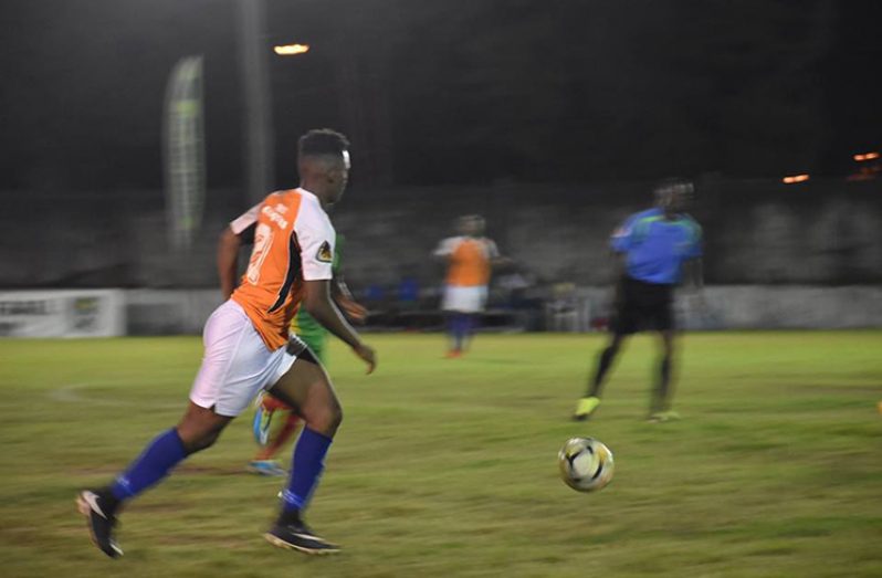 Fruta Conquerors’ Ryan Hackett in action at the GFC ground in the GFF Elite League