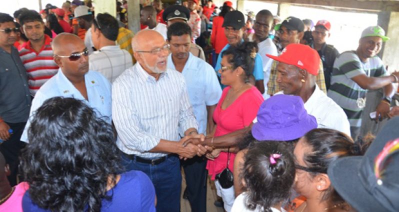 President Donald Ramotar greeting horse-racing fans at the Port Mourant Turf Club yesterday