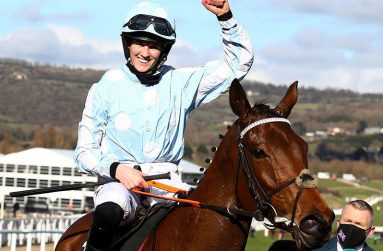 Rachael Blackmore celebrates her Champion Hurdle victory on Honeysuckle.